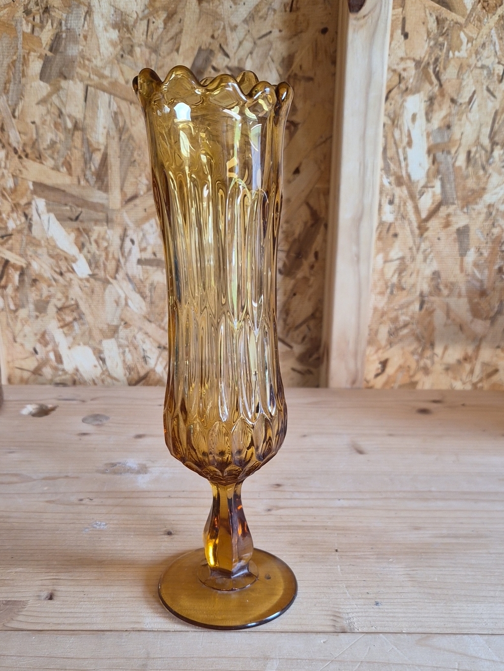 MCM Vintage Viking Amber Glass Drape Swung 11in Pedestal Vase